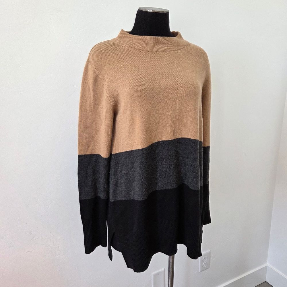 French Connection Colorblock Sweater Mock Neck Brown Black Preppy Moody Small